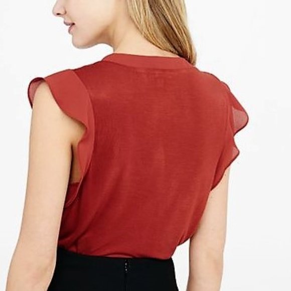 Burnt Red V-Neck Ruffle Sleeve Blouse XS Express - Picture 2 of 16